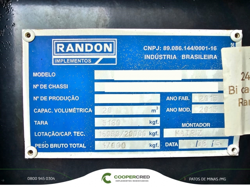 Bicaçamba Randon 2015/2015 20m³ + Fominha Lona Fácil